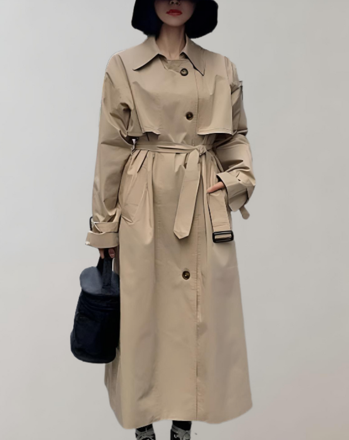 Lange trenchcoat voor dames met ceintuur en knopen