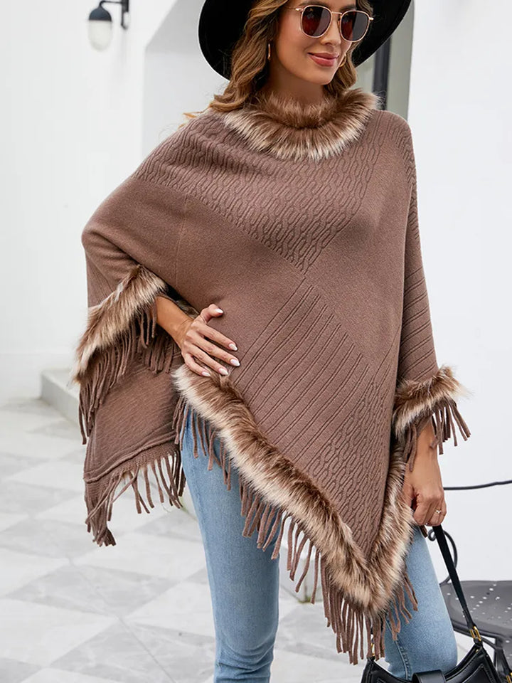 Dames bruine poncho met imitatiebont