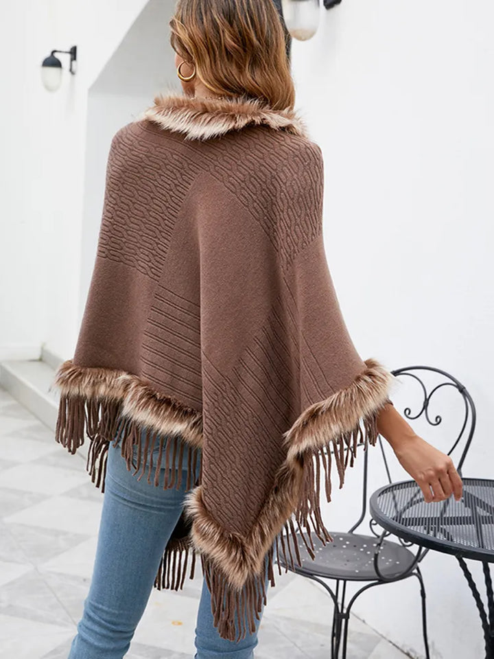 Dames bruine poncho met imitatiebont