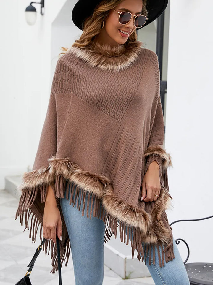 Dames bruine poncho met imitatiebont